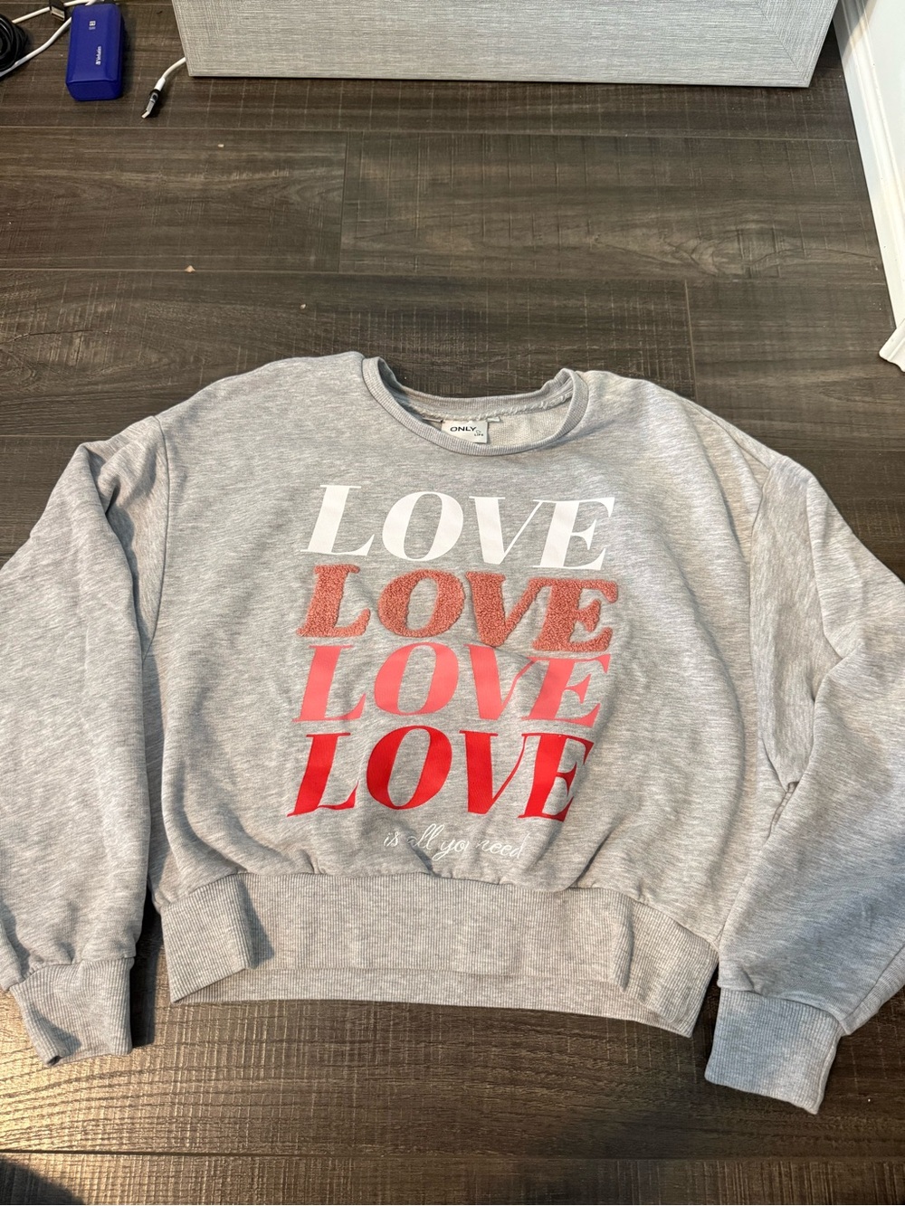 ONLY Gray Crewneck Sweatshirt with Stacked Red LOVE Graphic